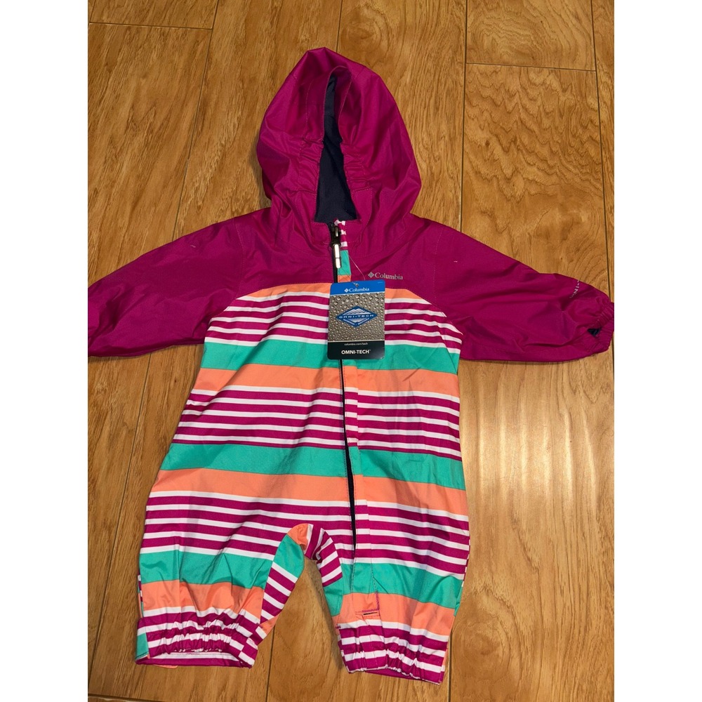 Columbia Critter Jitters II Rain Suit Magenta Girls Striped 0-3 Months NWT NOTE